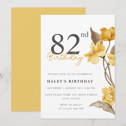 Invitation Floral Chic Elegant Simple Jaune 82e Anniversaire (Devant / Derrière)
