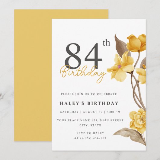 Invitation Floral Chic Elegant Simple Jaune 84e anniversaire (Devant / Derrière)