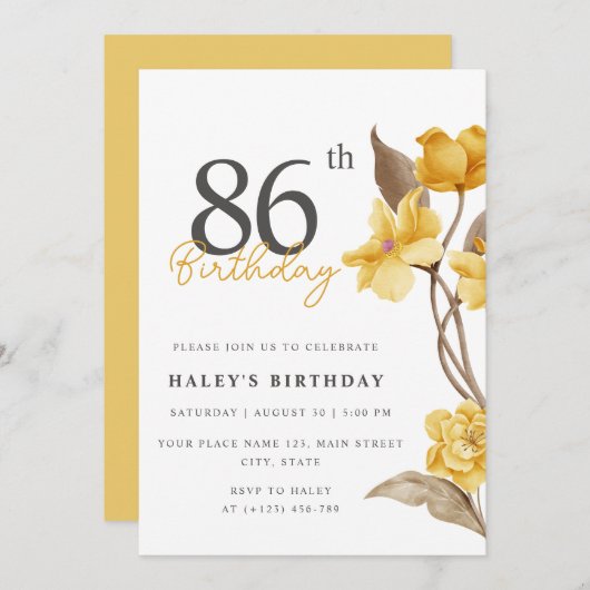 Invitation Floral Chic Elegant Simple Jaune 86e anniversaire (Devant / Derrière)