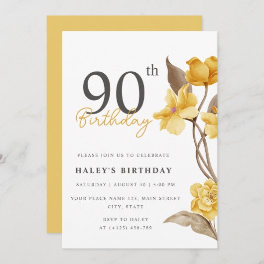 Invitation Floral Chic Elegant Simple Jaune 90e anniversaire (Devant / Derrière)