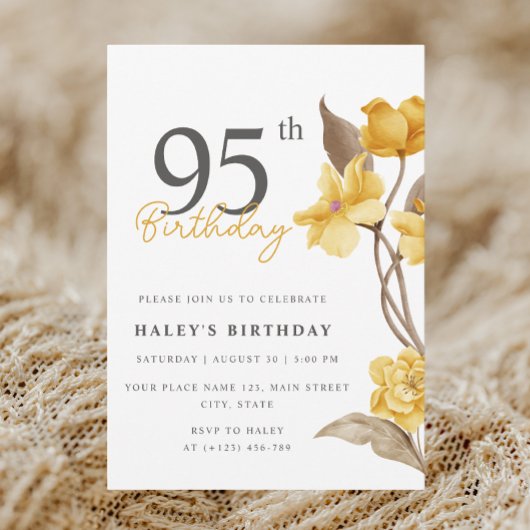 Invitation Floral Chic Elegant Simple Jaune 95e anniversaire