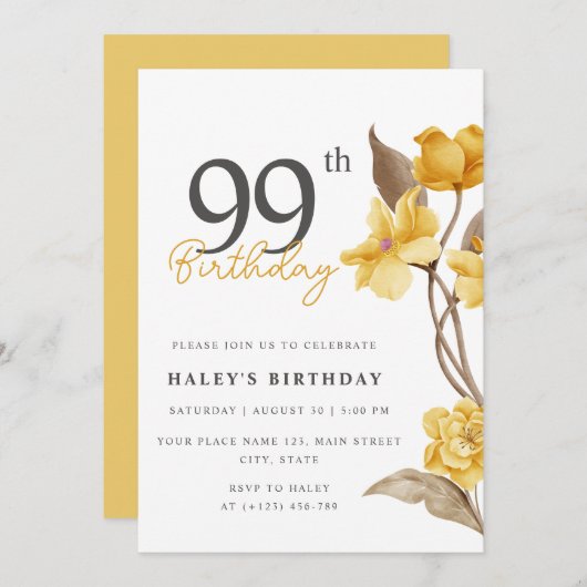 Invitation Floral Chic Elegant Simple Jaune 99e anniversaire (Devant / Derrière)