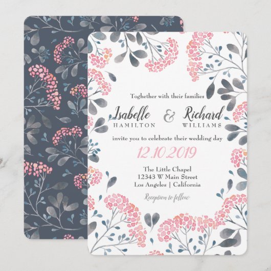 Invitation Floral chic gris cadre rose mariage (Devant / Derrière)
