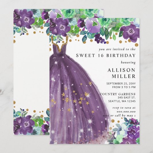Invitation Floral Chic Purple Gold Parties scintillant robe S (Devant / Derrière)