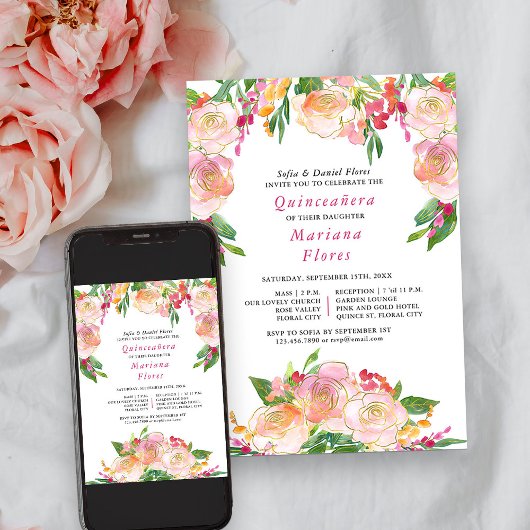 Invitation Floral Chic rose et or Quinceanera et messe