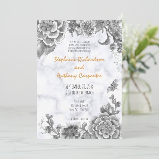 Invitation Floral Chinoiserie Blanc Noir, Mariage en marbre (Debout devant)