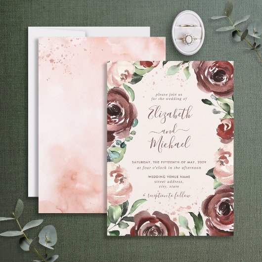 Invitation Floral Cinnamon Rose Dusty Rose or Aquarelle