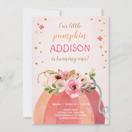 Invitation Floral Citrouille Automne Automne Gold Rose Annive (Devant)