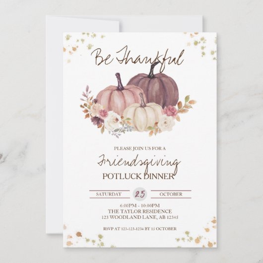 Invitation Floral Citrouille Fall Friendsgiving Potluck (Devant)