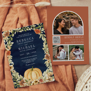 Invitation Floral Citrouille Terracotta QR Code Mariage de ma