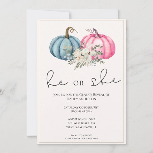 Invitation Floral Citrouilles Automne Bébé Genre Révélation (Devant)