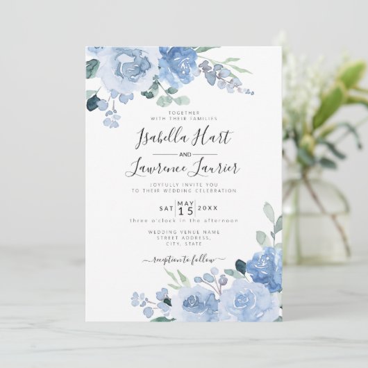 Invitation Floral clair Dusty Mariage botanique bleu (Debout devant)