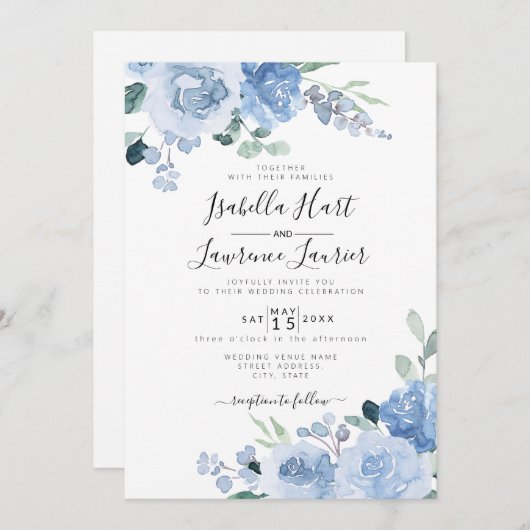 Invitation Floral clair Dusty Mariage botanique bleu (Devant / Derrière)