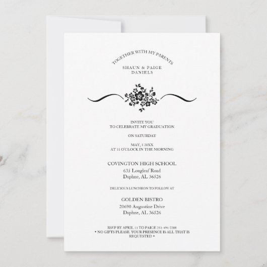 Invitation Floral Classic Typographie Photo Graduation En (Dos)