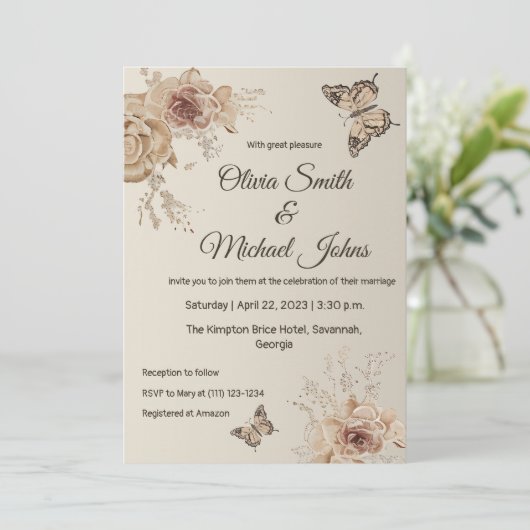 Invitation Floral Coffee Crème élégant Butterfly boho Mariage (Debout devant)