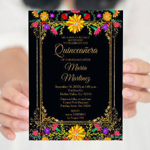 Invitation Floral coloré et Arrière - plan noir Quinceañera