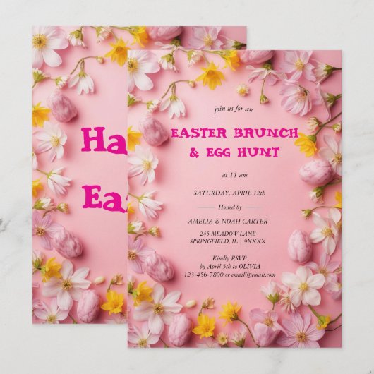 Invitation Floral Colorful Easter BRUNCH & HUNT (Devant / Derrière)