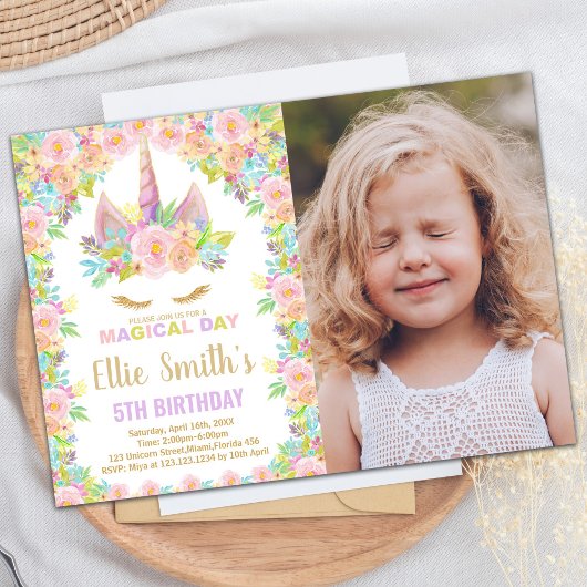 Invitation Floral Colours Blanc Photo Unicorn Anniversaire