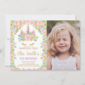 Invitation Floral Colours Blanc Photo Unicorn Anniversaire (Devant)