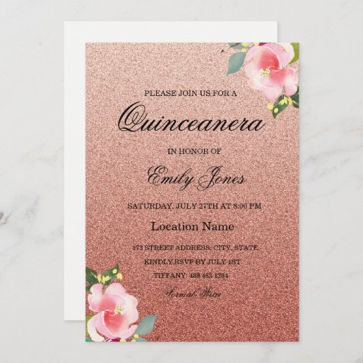 Invitation Floral Corol fausse parties scintillant Quinceaner (Devant / Derrière)