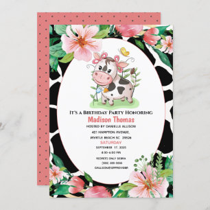 Invitation Floral Cow Imprimer Girls Anniversaire Fête Invita