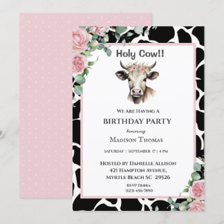 Invitation Floral Cow Imprimer Girls Anniversaire Fête Invita