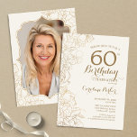 Invitation Floral Cream Gold Photo 60th Birthday Party<br><div class="desc">Floral Ivory Cream Gold Photo 60th Birthday Party Invitation. Design moderne minimaliste avec accents de dessin botanique et police de script de typographie. Carte invitation simple et tendance,  parfaite pour une célébration anniversaire élégante. Peut être customisé à n'importe quel âge. Invitations Zazzle imprimées ou téléchargement instantané modèle imprimable numérique.</div>