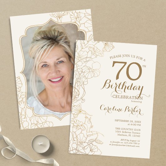 Invitation Floral Cream Gold Photo 70th Birthday Party