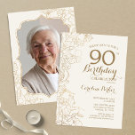 Invitation Floral Cream Gold Photo 90th Birthday Party<br><div class="desc">Floral Ivory Cream Gold Photo 90th Birthday Party Invitation. Design moderne minimaliste avec accents de dessin botanique et police de script de typographie. Carte invitation simple et tendance,  parfaite pour une célébration anniversaire élégante. Peut être customisé à n'importe quel âge. Invitations Zazzle imprimées ou téléchargement instantané modèle imprimable numérique.</div>