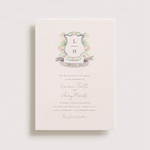 Invitation Floral Crest Aquarelle Monogramme Mariage