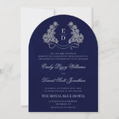 Invitation Floral Crest Monogram Navy Heritage Wedding (Devant)