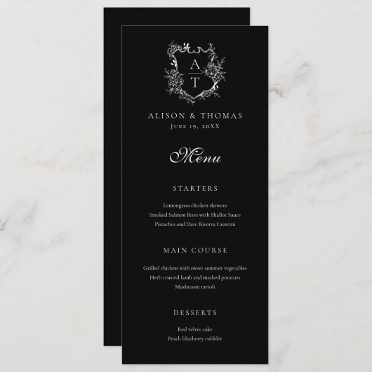 Invitation Floral Crest Monogramme Mariage plat menu (Devant / Derrière)