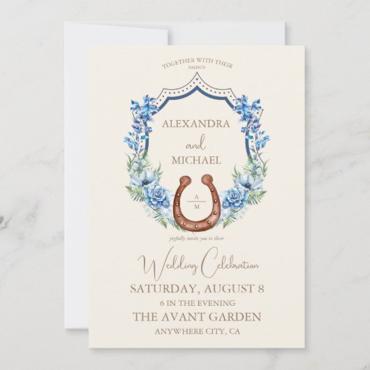 Invitation Floral Crest Western Horseshoe Monogram Mariage (Devant)