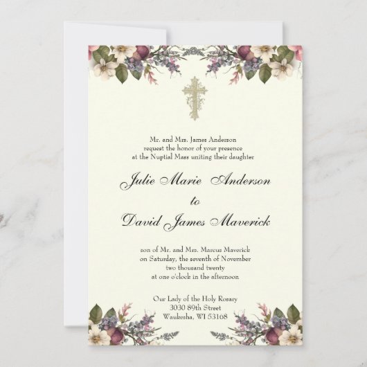 Invitation Floral Croix-Chrétienne Anneaux Mariages catholiqu (Devant)