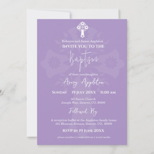 Invitation Floral Cross Baptism Lilac (Devant)