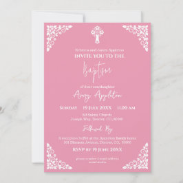 Invitation Floral Cross Baptism Rose Pink Kaart