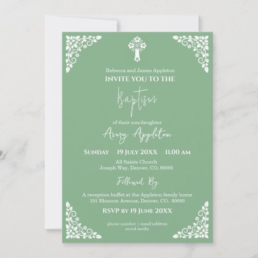 Invitation Floral Cross Baptism Sage Green (Devant)