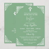 Invitation Floral Cross Baptism Sage Green (Devant / Derrière)