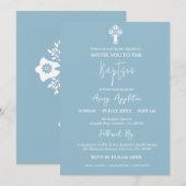 Invitation Floral Cross Baptism Sky Blue Kaart (Voorkant / Achterkant)