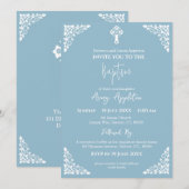 Invitation Floral Cross Baptism Sky Blue Kaart (Voorkant / Achterkant)