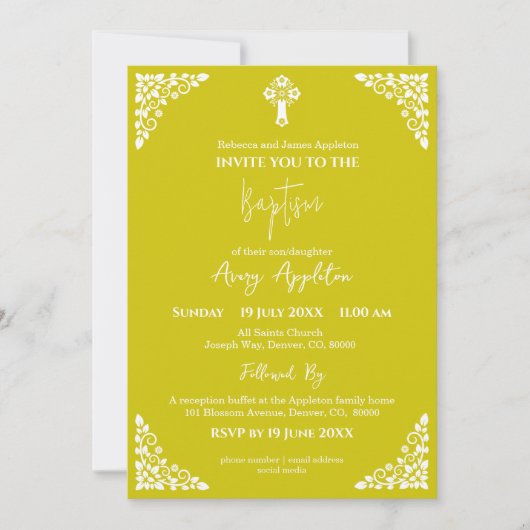 Invitation Floral Cross Baptism Yellow Kaart (Voorkant)