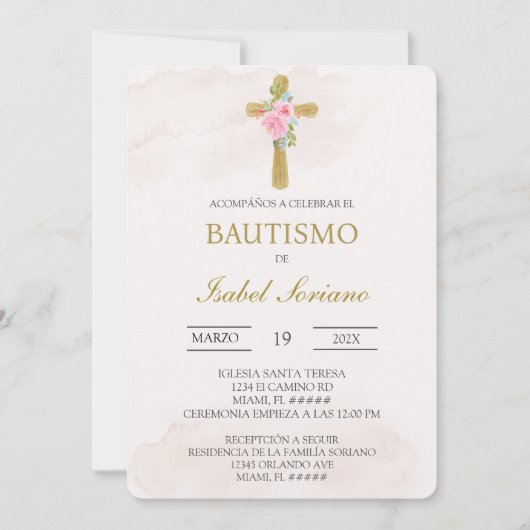 Invitation Floral cross beige Spanish baptism (Devant)