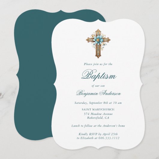 Invitation Floral Cross Boy Baptism (Devant / Derrière)