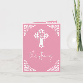 Invitation Floral Cross Christening Rose Pink Feestdagen Kaart