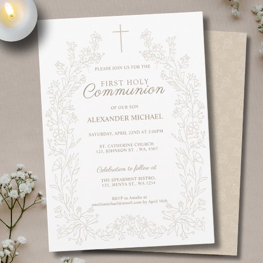Invitation Floral Cross First Holy Communion Religious