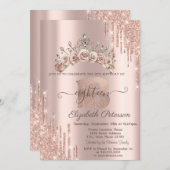 Invitation Floral Crown Glitter Drips Rose Gold 18th  (Devant / Derrière)