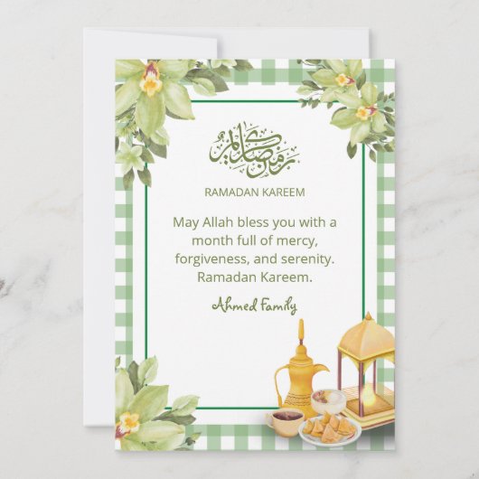 Invitation Floral Cute Sage Green Gingham Ramadan Iftar (Dos)
