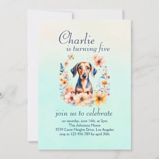 Invitation Floral Dachshund Chien Anniversaire (Devant)