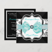 Invitation Floral Damask avec Bow Turquoise (Devant / Derrière)
