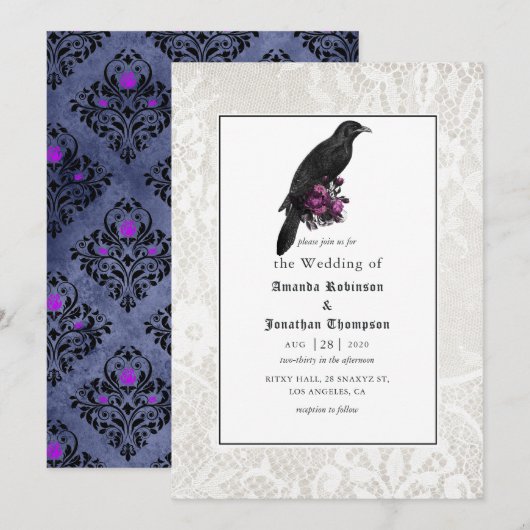Invitation Floral Damask et dentelle Mariage gothique (Devant / Derrière)